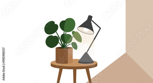 Minimalist desk lamp illuminating a potted houseplant on a table.