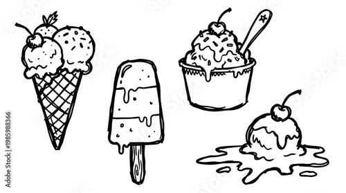 Black and White Line Art Ice Cream Cone, Popsicle, Sundae, Melting Scoop