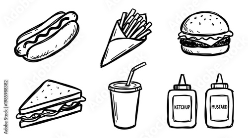 Black and White Line Art Icons of Fast Food Items