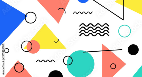 Retro geometric pattern with colorful shapes and lines.