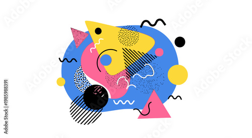 Colorful abstract geometric shapes in Memphis design style.