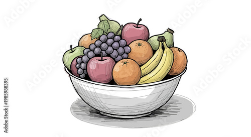 Hand-drawn illustration of a fruit bowl with apples, bananas, oranges, and grapes.