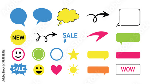 Dynamic Discourse: A vibrant composition of diverse speech bubbles, arrows, and illustrative elements, symbolizing communication, promotion, and creative expression. 