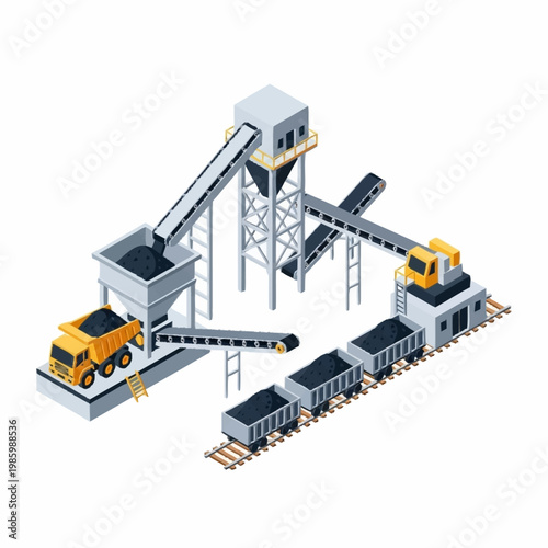 Industrial coal processing plant with conveyor belts and train.