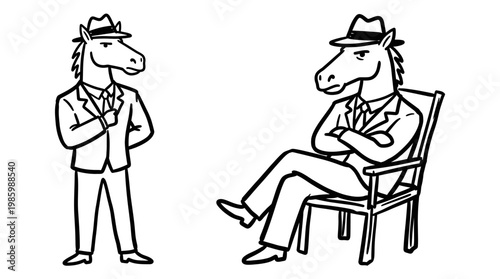 Two cartoon horses in suits and hats, one standing, one seated