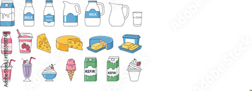 Vector Set of Dairy Products Including Milk, Butter, Ice Cream, Kefir, and Cheese in Colorful Cartons and Cups for Food, Beverage, and Packaging Designs
