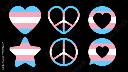 Transgender Pride Icon Set with Heart Peace Star and Chat Bubble Symbols Blue Pink White LGBTQ Collection Isolated Clean Graphic Design