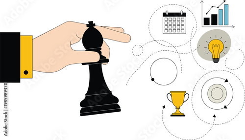 Hand holding chess piece with business strategy icons