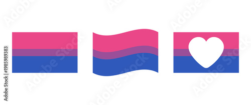 Bisexual Flag Icon Set with Flat Wavy and Heart Cutout Variations Pink Purple Blue Stripes LGBTQ Pride Symbol Collection Isolated Clean Design
