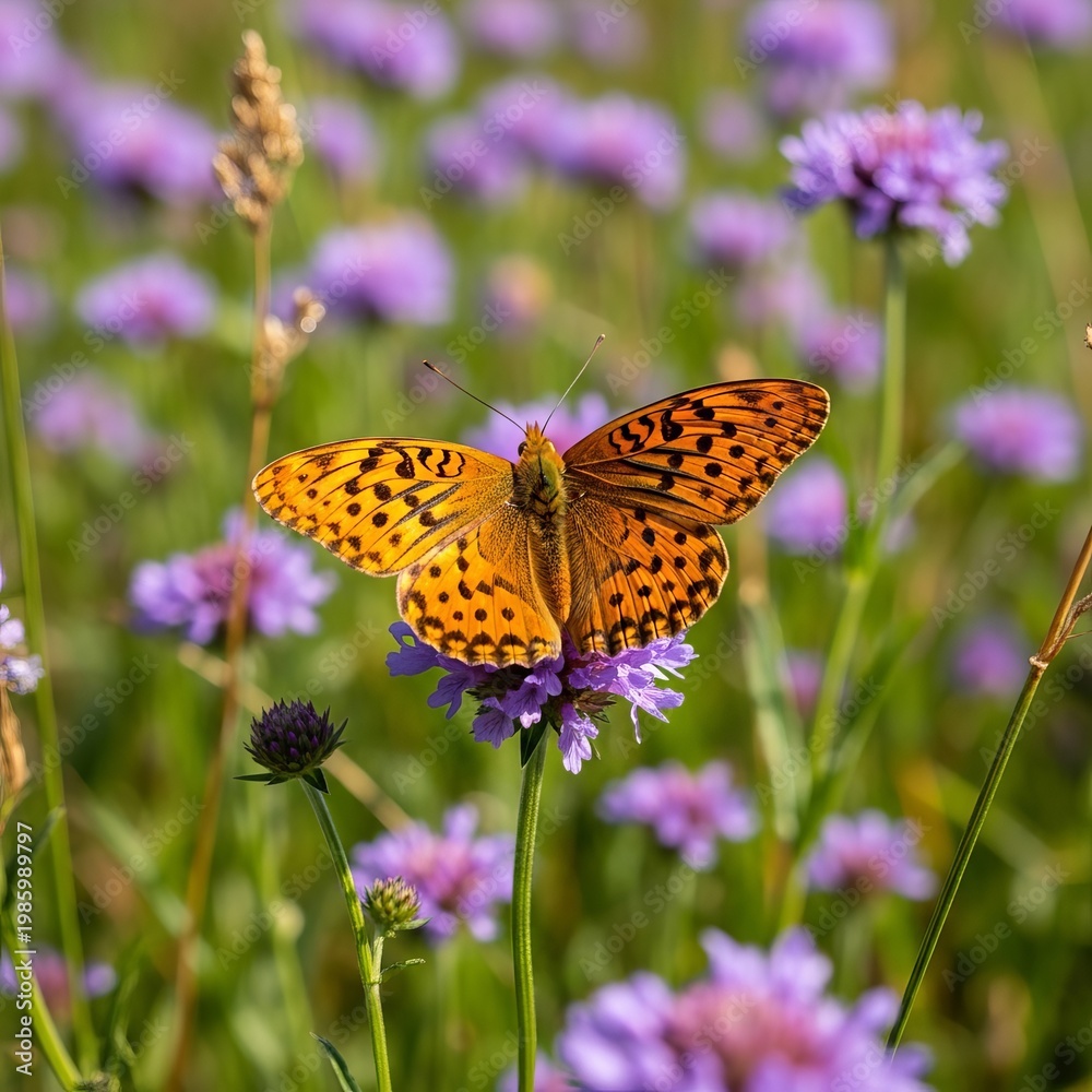 Obraz premium Fritillary Butterfly on Purple Flower in Meadow.