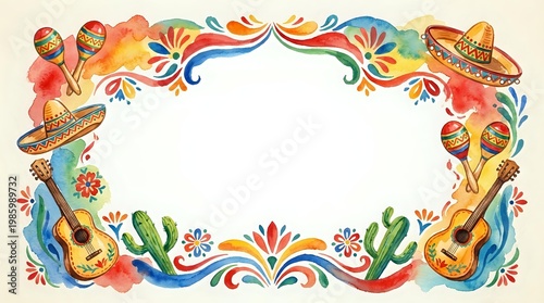 Colorful Mexican fiesta border frame with guitars, maracas, sombreros and cactus plants. Festive Cinco de Mayo celebration design for invitations and party materials.