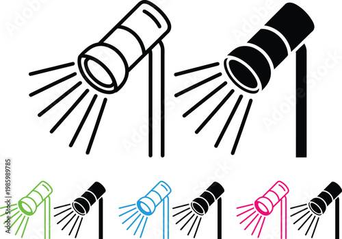 Illustrated examples of flashlights with different colored light beams and designs