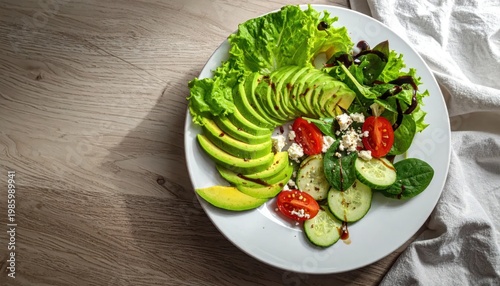 Fresh Avocado Salad with Cucumber and Feta Cheese on a White Plate.
