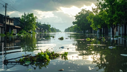 Flooded City Street After Heavy Rainfall and Storm.