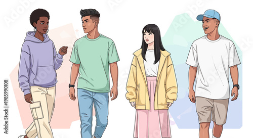 Four people walking together outside in casual clothes on street