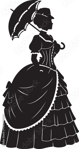 Silhouette of a Victorian or 1800s Western woman in a formal dress with a bustle and corset, holding a parasol or umbrella.