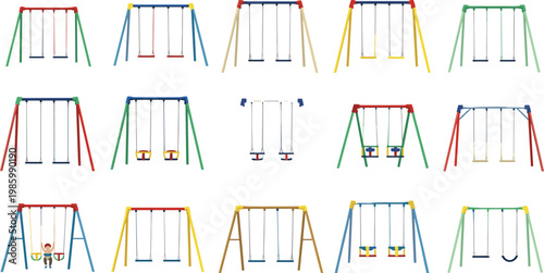 Colorful playground swing sets collection with various frame designs and seat types for kids outdoor park vector illustration