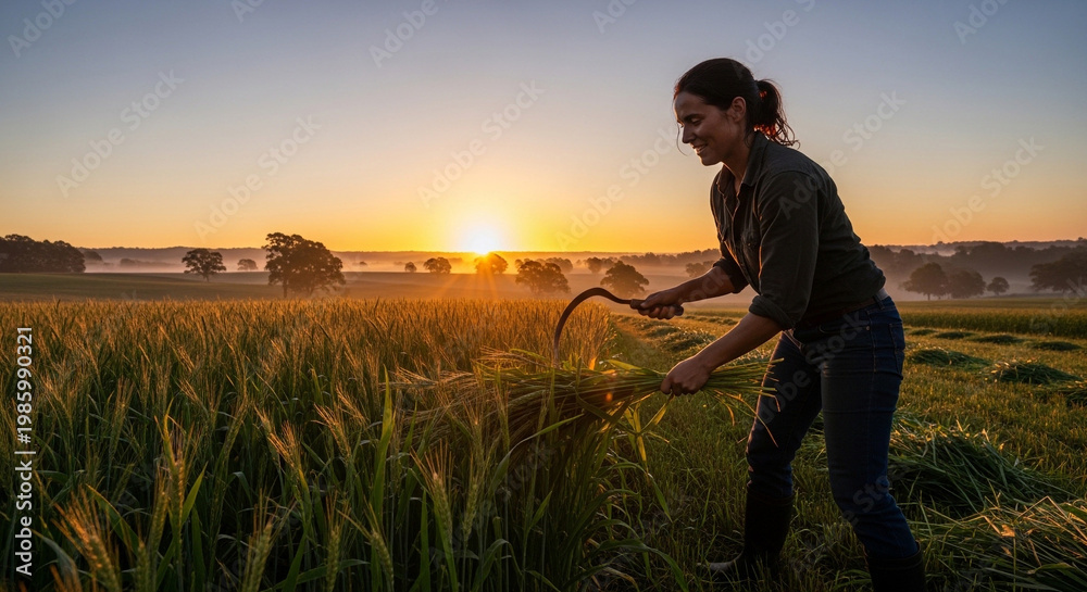Fototapeta premium Farmer Harvesting Wheat Field at Sunrise with Sickle.