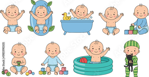 Cute Baby Activities Vector Set with Bathing Playing Sitting Crawling and Daily Routine Cartoon Characters for Nursery Design and Childcare Illustration