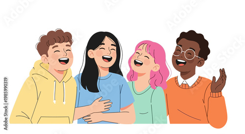 Four diverse people laughing together in a friendly group setting outdoors