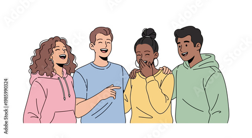 Four friends laughing together in casual clothing outdoors happily