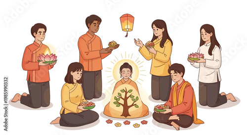 People gather around a seated figure with a tree on his chest in a serene outdoor setting.