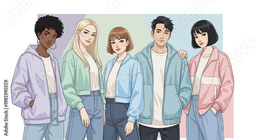 A group of diverse young adults wearing colorful hoodies standing together