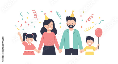 A family celebrates a birthday with confetti and balloons in a joyful indoor scene