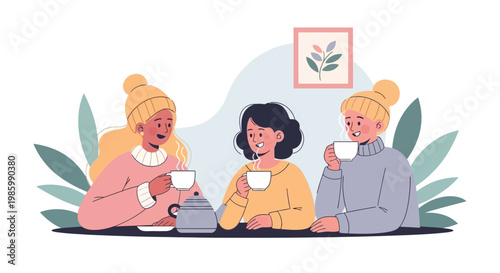 Three women sit at a table enjoying coffee and conversation together indoors