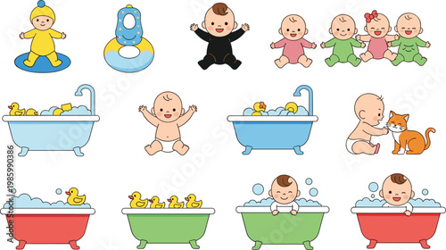 Cute Baby Bathing and Playing Vector Set with Cartoon Infants Bathtub Toys Daily Hygiene Activities and Nursery Childcare Illustration Collection
