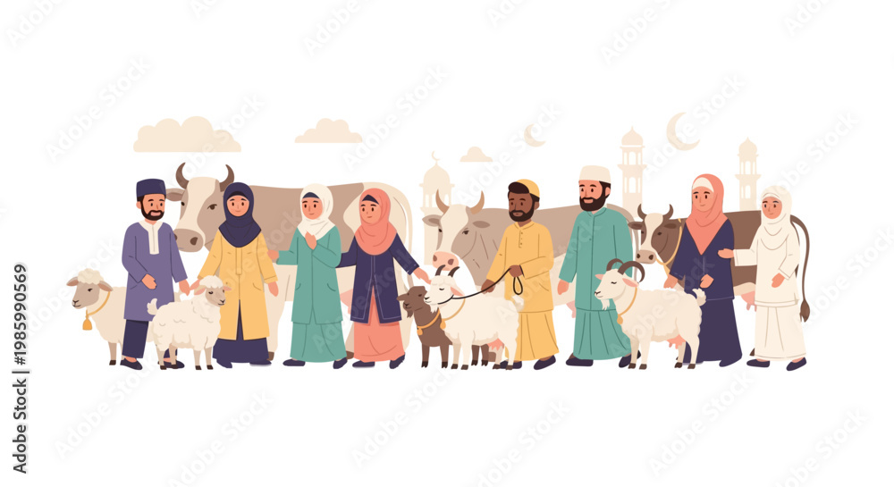 Fototapeta premium People from different cultures standing with sheep and goats outdoors