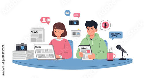 A man and woman sit at a news desk reading papers and discussing current events with microphones and cameras nearby.