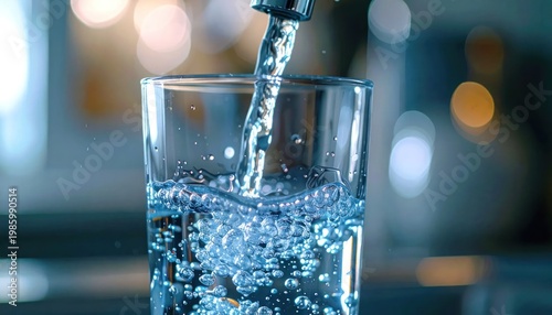 Fresh Water Pouring into a Clear Glass Creating Bubbles.