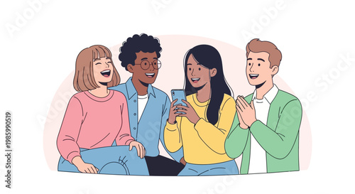 Four diverse people laughing and socializing together