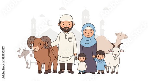 A family with kids and animals stand together in a peaceful environment outdoors.