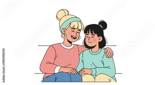 Two young women sitting together smiling and embracing in casual clothing indoors