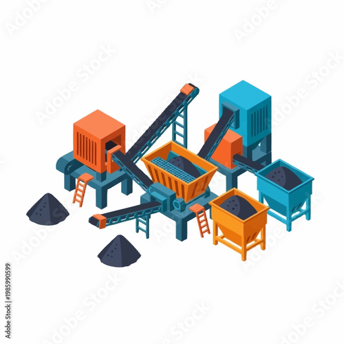 Industrial mining equipment processing raw materials isometric illustration.