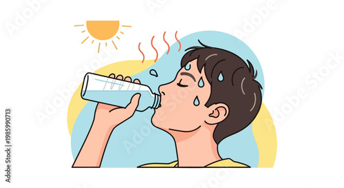 Person drinking water on a hot sunny day feeling thirsty and sweating