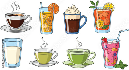 Hot and Cold Drinks Icon Set with Coffee, Orange Juice, Frappuccino, Iced Tea, Milk, Green Tea, Matcha, and Berry Smoothie Elements for Cafe, Menu, and Beverage Designs