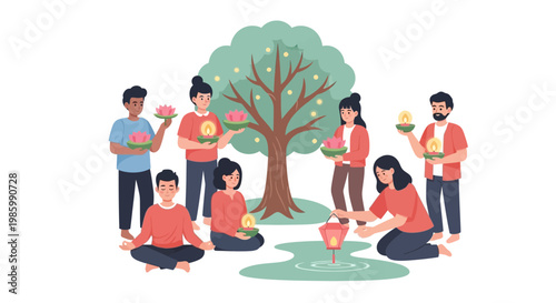 People are planting flowers and trees in a park with friends nearby