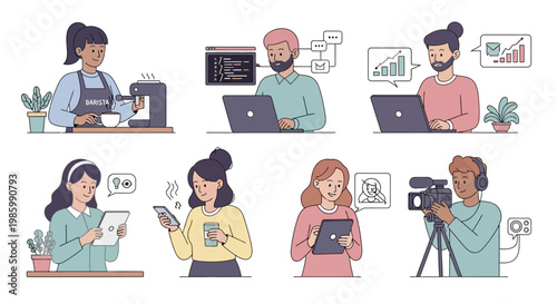 People working on laptops and tablets in an office setting with a cameraman recording