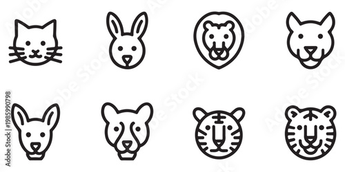 Stylized Animal Face Line Art Icons Set