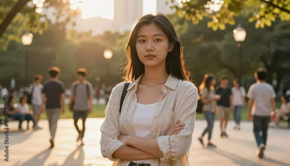 Fototapeta premium A young woman stands confidently in a park, surrounded by people walking in the background. The sunlight creates a warm atmosphere in the lively park setting.