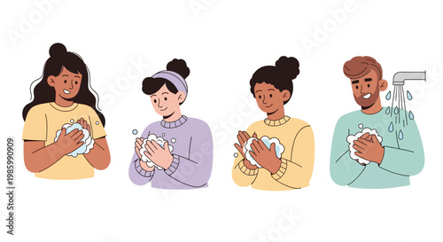 People washing hands under faucet with soap and water together