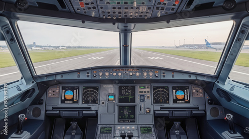 Airplane cockpit view looking down the runway before takeoff. Flight deck instrument panel and control sticks of a commercial passenger jet at an international airport.