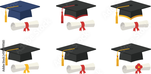 Graduation Cap and Diploma Vector Set with Academic Mortarboard Hats Certificates and Education Achievement Symbols Collection for School University and Celebration Design