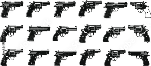 Handgun and Revolver Silhouette Icon Set with Various Firearm Types Side View Weapon Collection for Security Military Law Enforcement and Defense Graphics