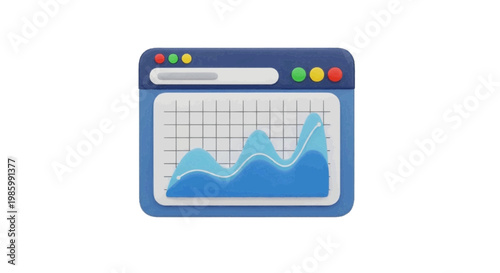 Vector illustration of 3d icon of a web browser window with a blue data analysis chart on a transparent background