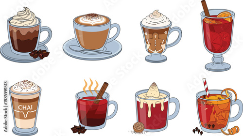 Hot Drinks and Winter Beverages Icon Set with Hot Chocolate, Cappuccino, Latte, Mulled Wine, Chai Tea, Red Wine, Eggnog, and Spiced Cider Elements for Cafe and Menu Designs