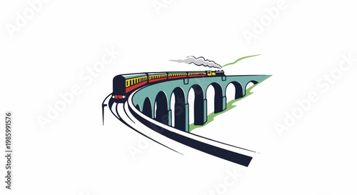 Colorful steam train crosses a tall arched railway bridge over green landscape